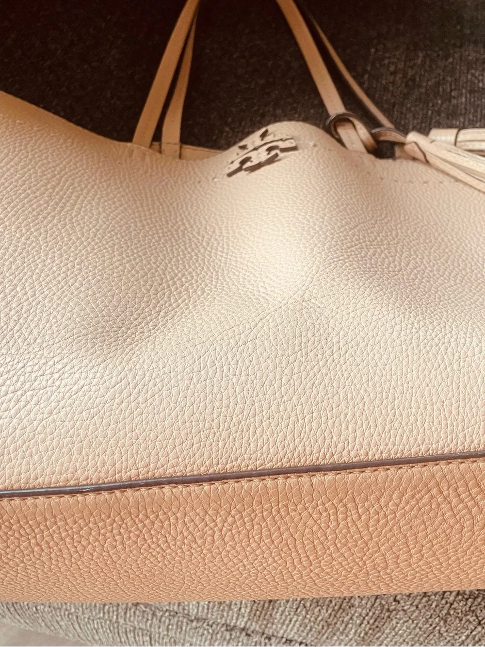 Tory Burch Pebbled Leather Tassel Tote in Tan